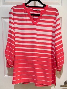 ☀️ Susan Graver Coral Pink White Striped Blouse Liquid Knit 3/4 Sleeve Top Women
